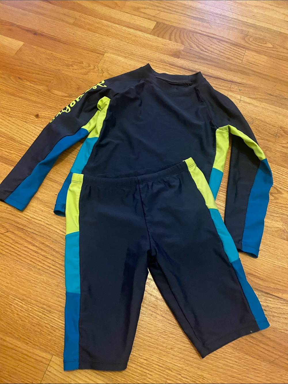 Kids Long Sleeve Rash Guard Set in Navy with Teal & Lime Accents